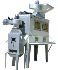 Full view of industrial batch seed polishing machine used for seed scarification and surface treatment